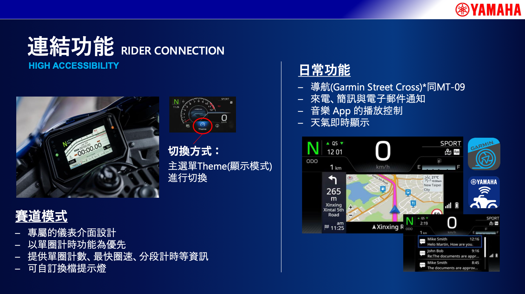 除了滿滿的電控保護外，YZF-R9也絲毫沒有犧牲日常便利性，搭載有手機連線導航、來電/訊息通知等功能